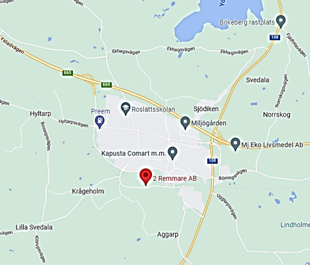 Karta hur man hittar till 2 Remmare AB
Bäckgatan 2 i Svedala.