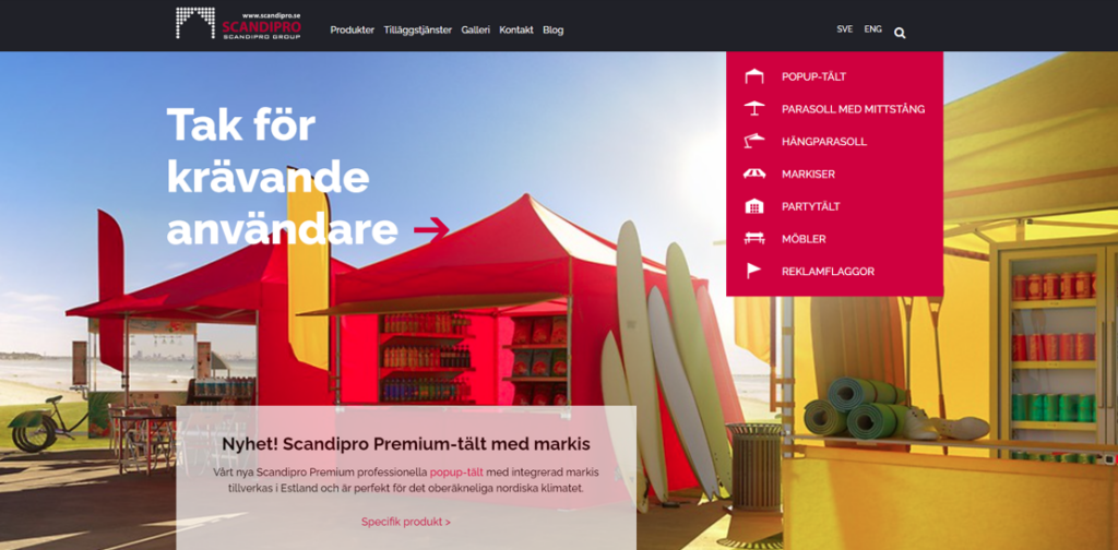 Bild på Scandipros hemsida med förslag på olika popup-tält, markiser, parasoll med mera.